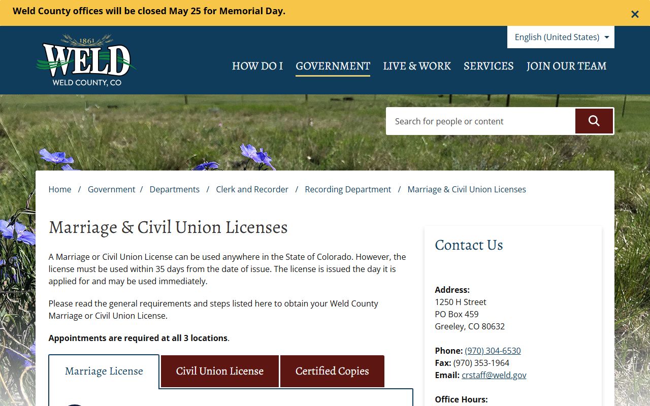 Weld County marriage and civil union license page
