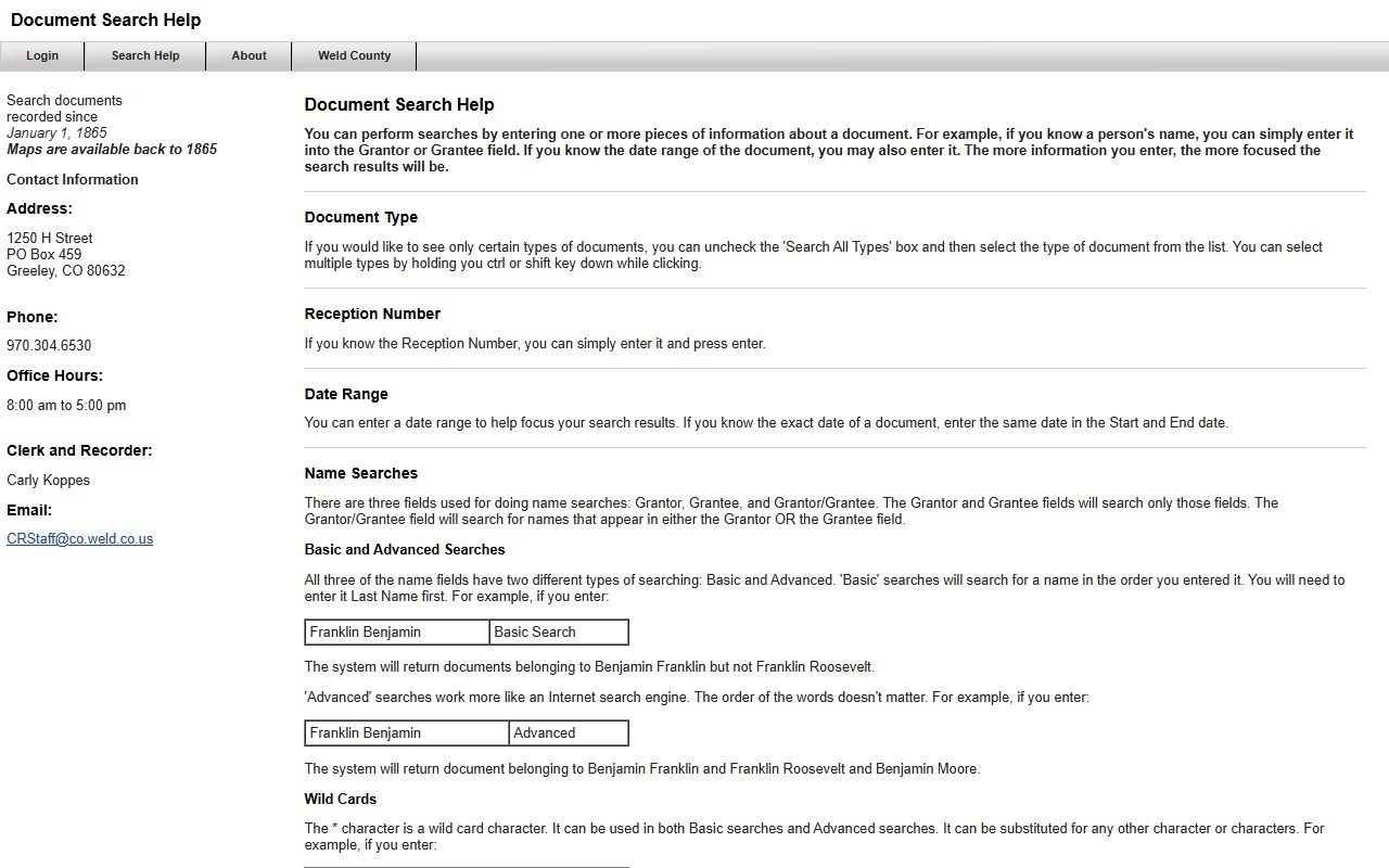 Weld County recorded documents search help page