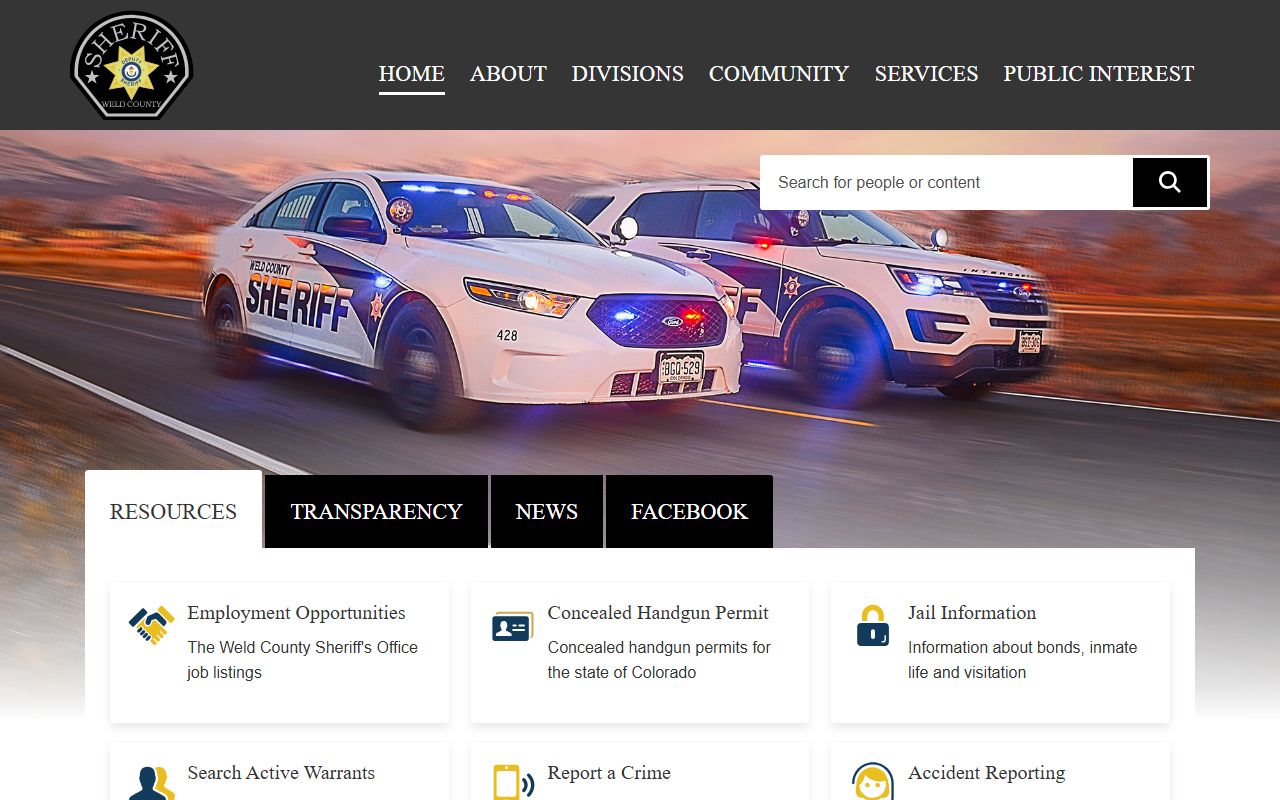 Weld County Sheriff homepage warrant tools